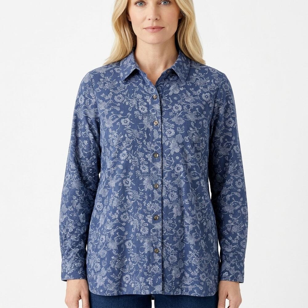 purejill 100% Cotton Blue Floral Button-Up Tunic Women Woven Size L